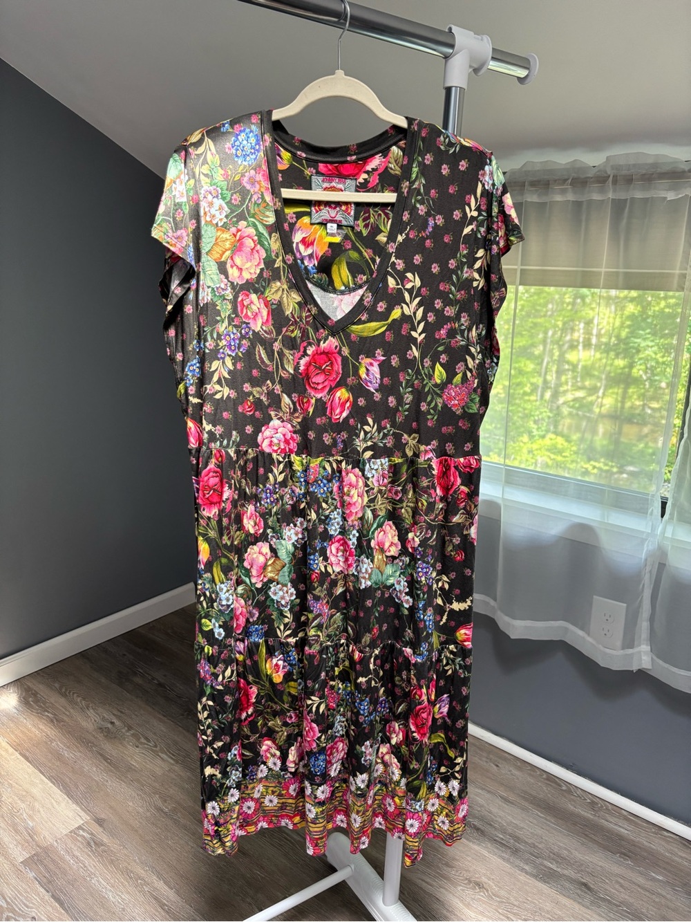 Johnny Was Black Floral V-Neck Midi Dress with Pink & Green Accents